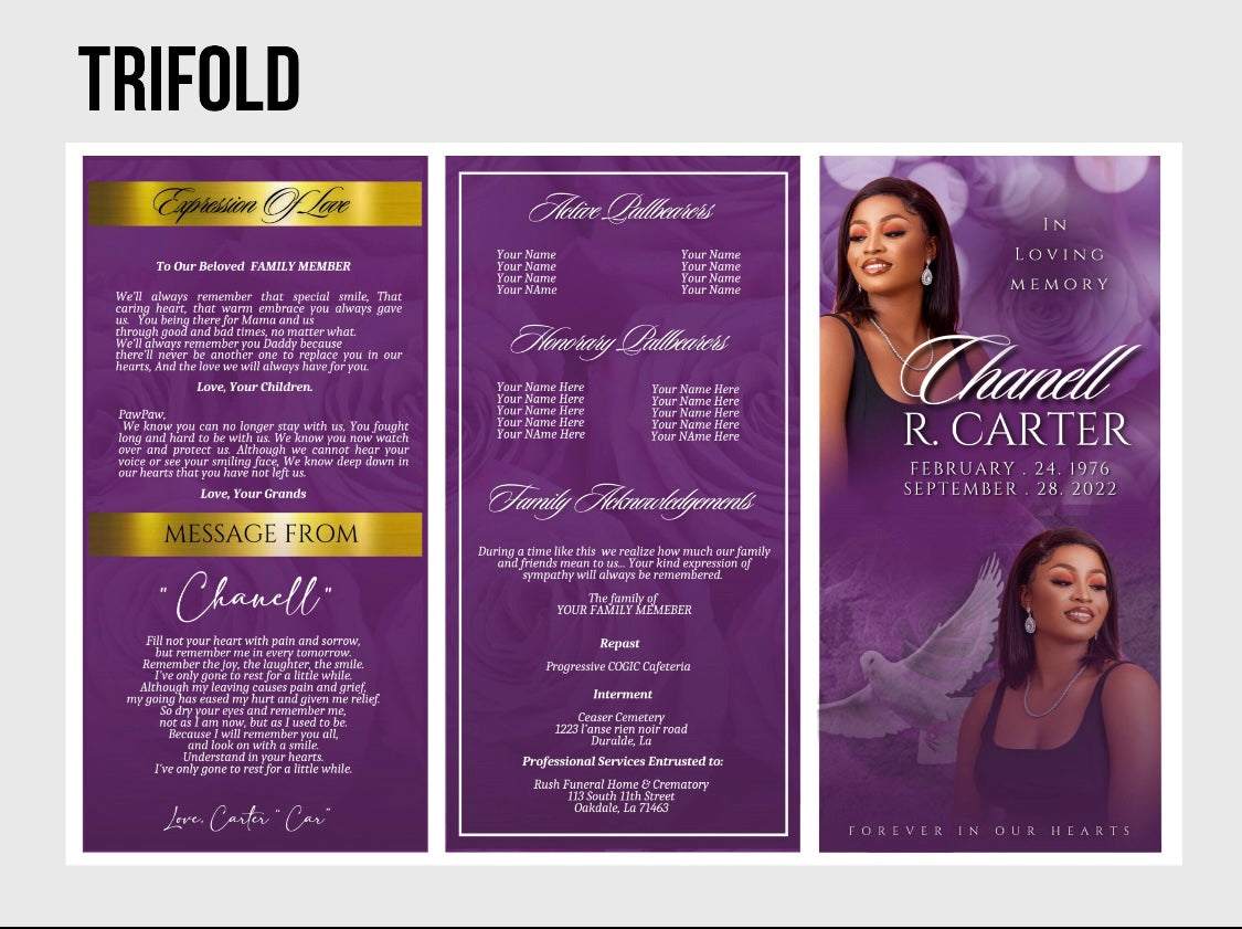 (50) 8 PAGE OR TRIFOLD OBITUARY