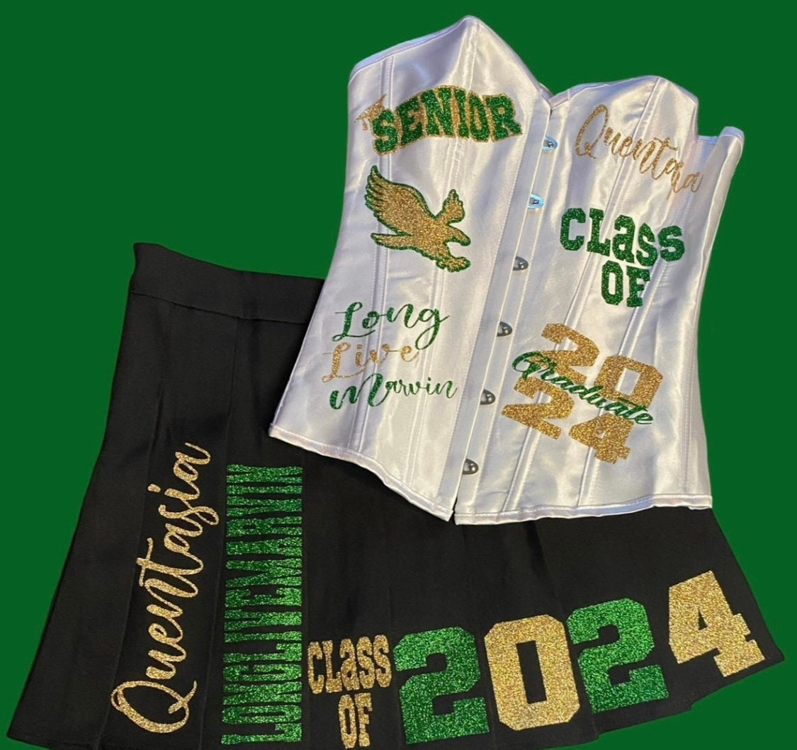 CUSTOM GRAD SKIRT AND TOP (T-SHIRT OR CORSET, OR SWEATER)