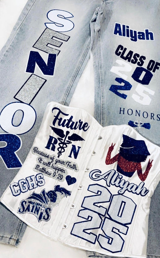 CUSTOM GRAD PANTS AND TOP (T-SHIRT OR CORSET, OR SWEATER)